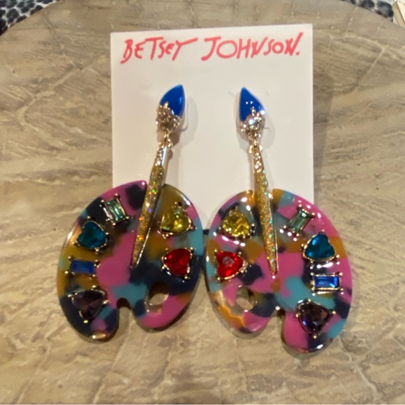 Betsey Johnson Artist Palette Paint Brush Color Me Happy Resin Drop Earrings NWT - Picture 4 of 7